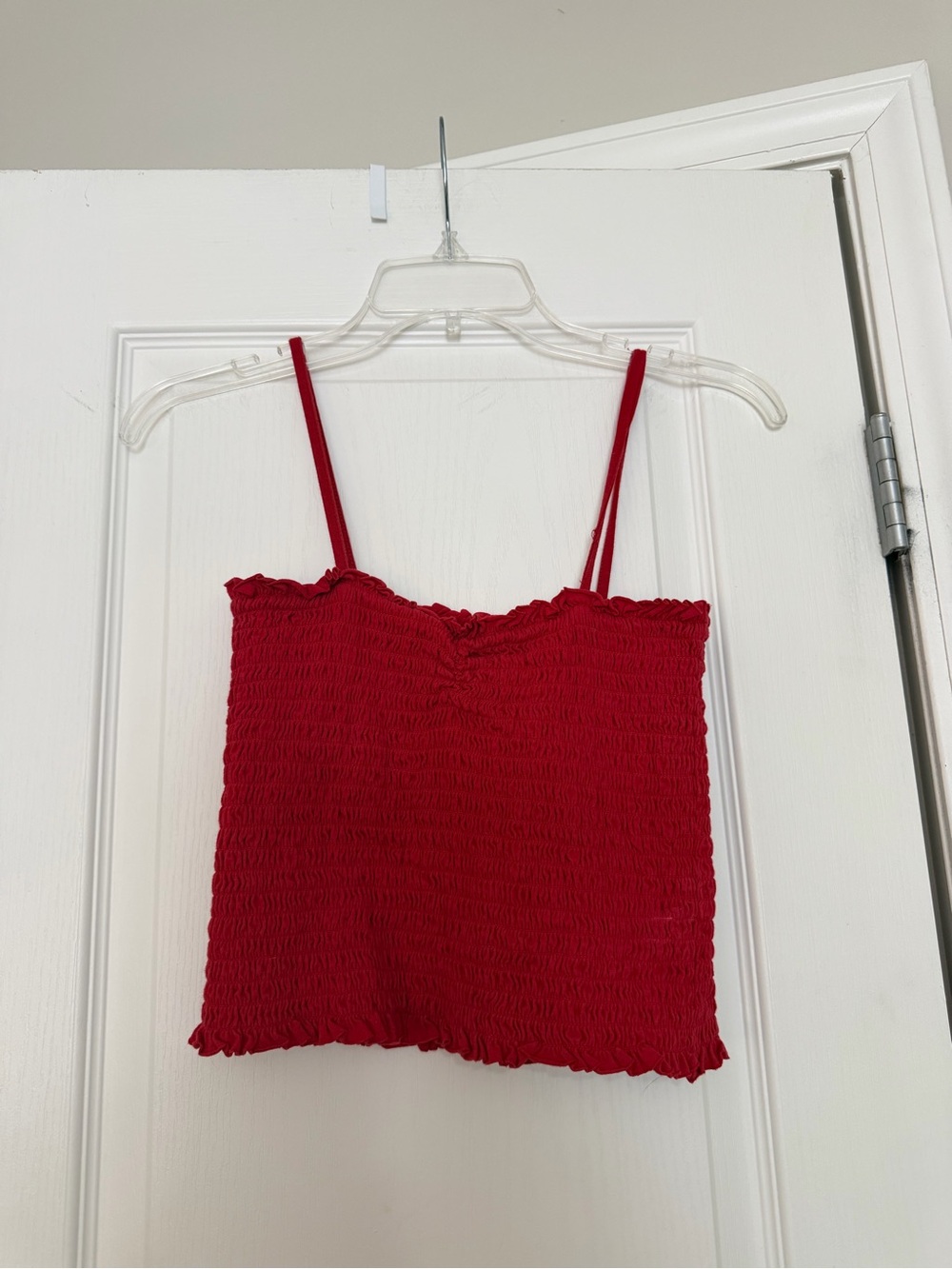 Brandy Melville red ruffle spaghetti strap double lined crop top, one size